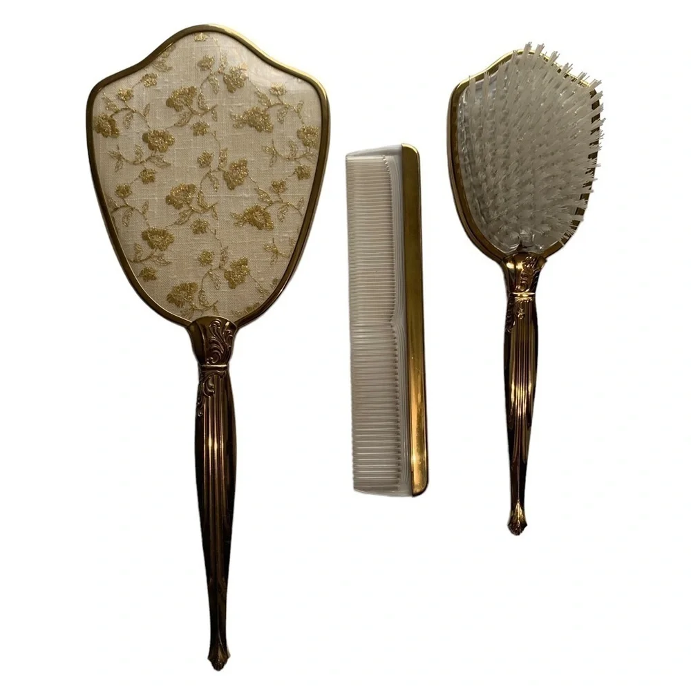 Vintage Gold tone Vanity Mirror Brush Comb Three Piece Set